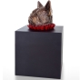Seitenansicht der Bronzeskulptur "Hund im Würfel"