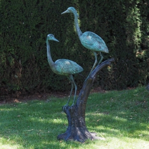 Bronzeskulptur "Zwei Kranich Reiher auf Baumstumpf"